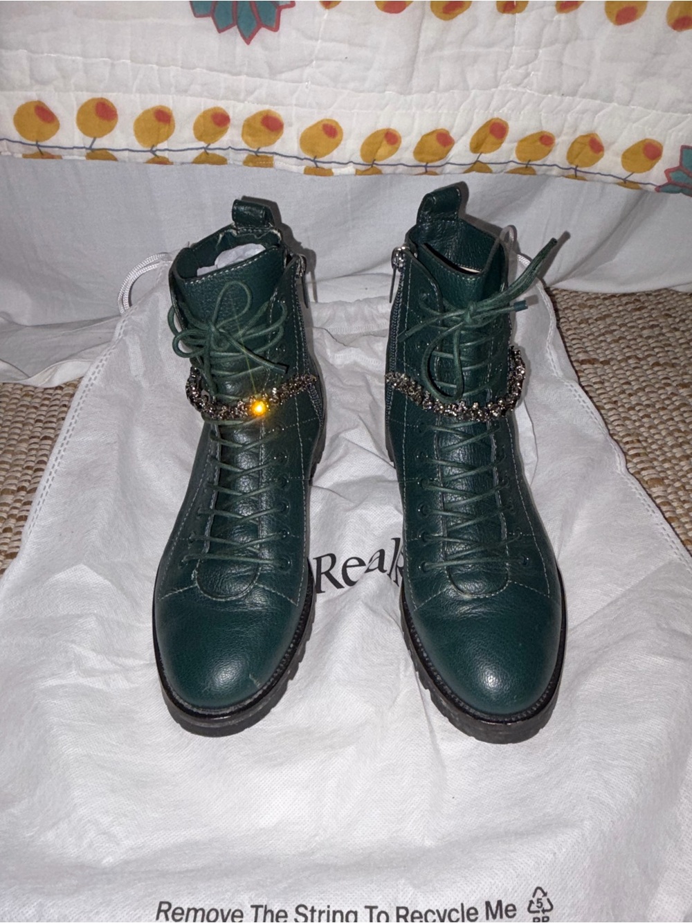 Jimmy Choo Dark Green Leather Combat Boots with Crystal Chain Detail